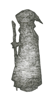 杖を持った隠者をイメージしたイラスト 隠者,ローブ,杖,シルエット,横向き,ファンタジー,手描き,リアル,モノクロ,挿絵のイラスト素材