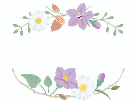 秋の飾り枠12＿秋の七草・キキョウ 秋,花,キキョウ,桔梗,七草,ドングリ,木の実,植物,葉っぱ,飾り枠のイラスト素材