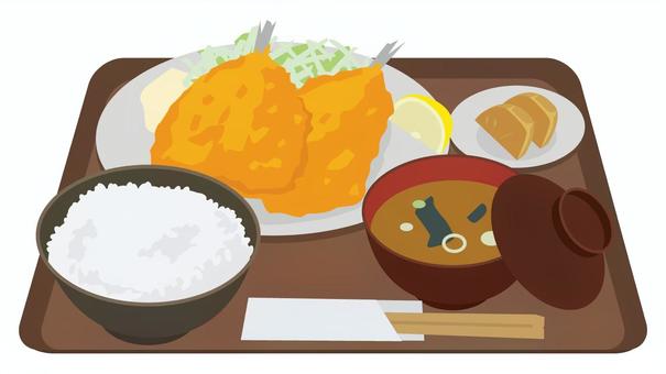 アジフライ定食のイラスト アジフライ,定食,ご飯,味噌汁,漬物,和食,料理,ベクターのイラスト素材