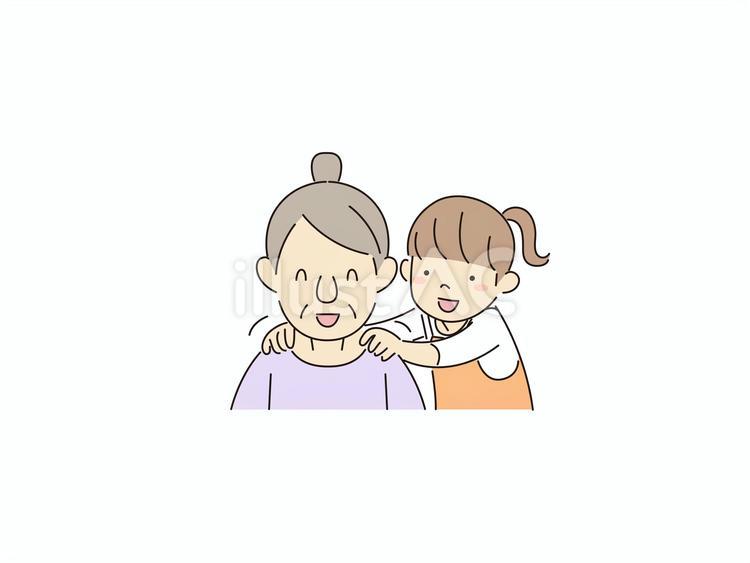 おばあちゃんを肩揉みする孫 孫,肩もみ,ほっこりのイラスト素材