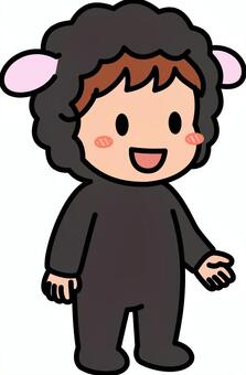 黒のひつじコスの男の子です。 ひつじ,コスプレ,シンプル,コスチューム,イベント,パーティー,耳,モコモコ,動物,着ぐるみのイラスト素材