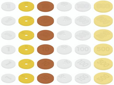 アイソメトリック日本円小銭セット 1円,5円,10円,50円,100円,500円,硬貨,日本円,お金,アイコンのイラスト素材