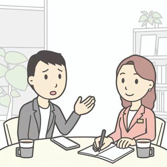  婚活07-相談する男性_正方形 相談,男性,婚活,お見合い,結婚相談所,カウンセラー,面談,悩む,助言,アドバイスのイラスト素材