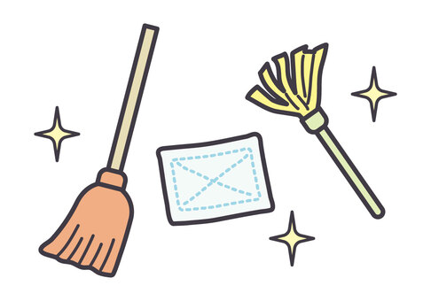 箒と雑巾とはたき 掃除道具,掃除,大掃除,箒,雑巾,はたき,ほうき,年末,師走,清掃のイラスト素材