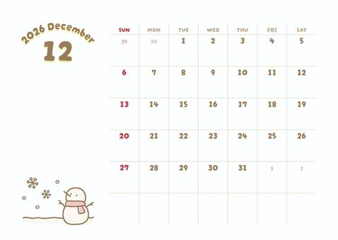 2026年12月カレンダー 冬 雪だるま カレンダー,2026年,2026年カレンダー,12月,１２月,12月カレンダー,カレンダー12月,十二月,2026年12月カレンダー,冬のイラスト素材