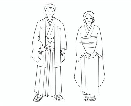 羽織袴の男　振袖着物の女 着物,男女,羽織,袴,振袖,全身,線画,式典,正面のイラスト素材