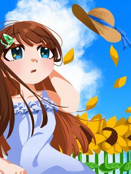 夏と女の子 夏,女の子,ロングヘア,茶髪,ヘアピン,ワンピース,水色,ヒラヒラ,ひまわり,雲のイラスト素材