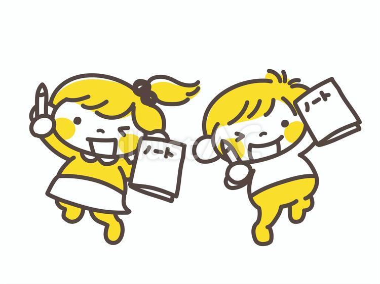 ノートを持ってウインクする子供たち 子ども,かわいい,黄色のイラスト素材