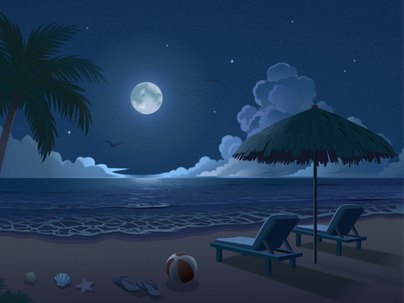 Illustration, ночь, кокосовая пальма, месяц, 