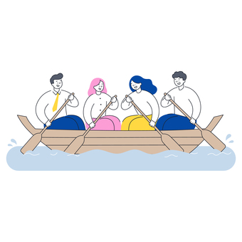 協力してボートを漕ぐビジネスチーム 協力してボートを漕ぐビジネスチーム 人物,男女,仲間,ビジネス,チーム,協力,ボート,オール,前進,連携のイラスト素材
