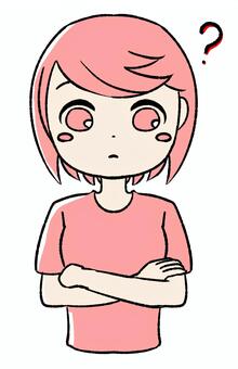 桃色の女の子　腕組みして疑問顔 ピンク,かわいい,手描き,女の子,女性,若い女性,ピンク髪,キャラクター,デフォルメ,ゆるいイラストのイラスト素材