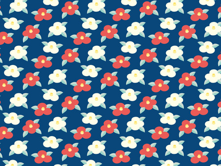 椿パターン/葉色パステル/紺 椿,花,パターンのイラスト素材