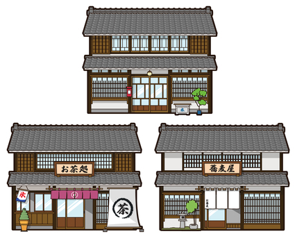 伝統的町並みセット 伝統的,街並み,建築物,木造,蕎麦屋,お茶,格子,瓦屋根,のれんのイラスト素材