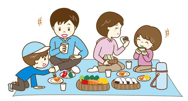 ピクニック6 ピクニック,お弁当,シート,家族,楽しい,幸せ,団欒,美味しい,笑う,笑顔のイラスト素材