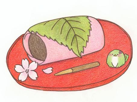 ウグイスさんからの桜餅(関東) ウグイスさんからの桜餅(関東) 桜餅,桜,和菓子のイラスト素材