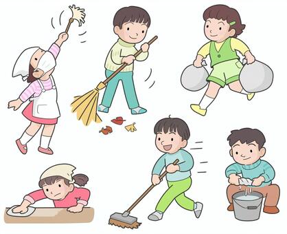 子どもの掃除　セット 子ども,掃除,小学校,家庭,お手伝い,雑巾,ほうき,ごみ袋,はたき,ブラシのイラスト素材