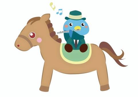 馬に乗ってフルートを演奏するペンギン 馬,フルート,ペンギン,午年,音楽,かわいい,干支,動物,乗馬,ワンポイントのイラスト素材