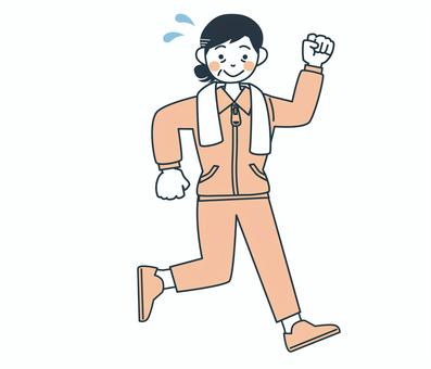 ランニングするジャージの中年女性 人,イラスト,かわいい,女性,全身,汗,ランニング,ジャージのイラスト素材