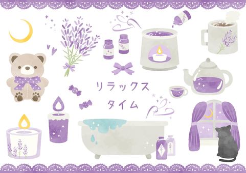 かわいい水彩風のリラクゼーションイラスト リラックス,リラクゼーション,セット,植物,ラベンダー,ハーブティー,飲み物,ホットドリンク,食べ物,あめ玉のイラスト素材