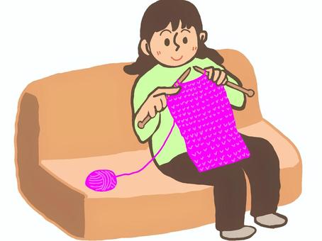 ソファで編み物をする女性 編み物,女性,ソファ,毛糸,ピンク,棒編み,冬,座る,編むのイラスト素材