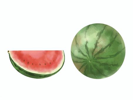 フルーツ水彩　どっしりスイカ すいか,西瓜,水彩,ウォーターメロン,くだもの,フルーツ,食べ物,デザート,夏,さっぱりのイラスト素材