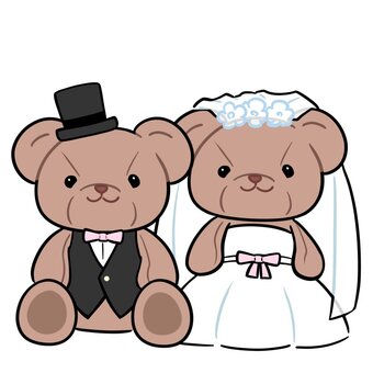 ウエディングベア　茶色　ぬいぐるみ 熊,テディベア,ウエディングベア,花嫁,ウエディングドレス,結婚式,結婚,お祝い,祝福,ぬいぐるみのイラスト素材