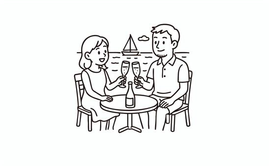 海沿いのカフェでシャンパンを飲むカップル 人物,海,カフェ,カップル,シャンパン,デート,モノクロ,線画のイラスト素材