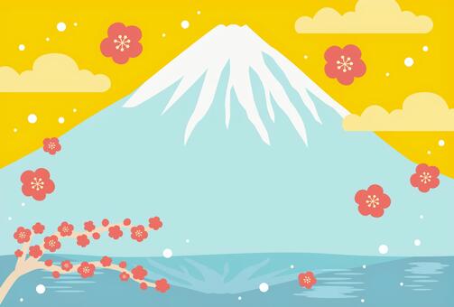 正月・年賀状背景 富士山と梅の花 黄色 正月,背景,年賀状,お正月,富士山,梅,花,年賀状素材,年賀はがき,和風のイラスト素材