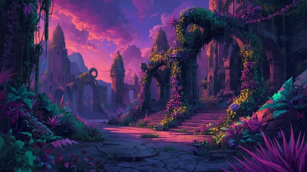 紫色に染まる幻想的な古代都市風景