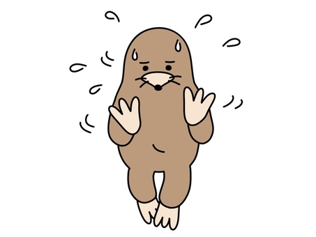 手を振って必死に否定するもぐら タジタジ,否定,もぐら,手,振る,汗,後退り,正面,全身,焦るのイラスト素材