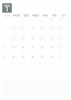 2026年1月カレンダー/日曜始まり縦 カレンダー,手帳,日付,2026年,1月,デジタルプランナー,トラッカー,a4サイズ,日曜始まり,シンプルのイラスト素材