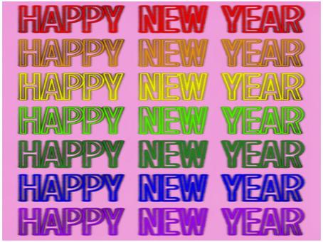 HAPPY NEW YEAR 文字 happynewyear,ハッピーニュ−イヤ−,文字,七色,虹色,レインボー,ピンク,ポストカード,pop,チラシのイラスト素材