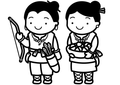 縄文人-1c 縄文人,縄文時代,古代人,古代,貫頭衣,靴,編上げ靴,弓矢,弓,矢のイラスト素材