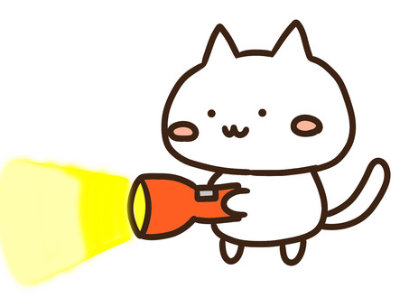 懐中電灯で灯りを照らすかわいい白ねこ 懐中電灯,灯り,光,照らす,ねこ,夜,防災,安全,探検,キャンプのイラスト素材