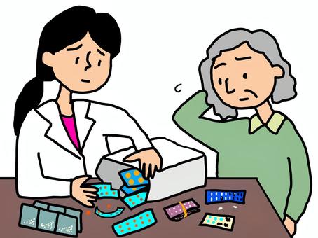 残薬が多い患者と薬剤師や医師 残薬,患者,薬剤師,薬局,病院,医療,ポリファーマシー,高齢者,飲み忘れ,相談のイラスト素材