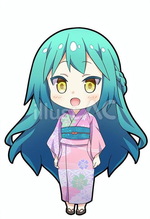 浴衣の女の子　ロングヘア　青 浴衣,ちびキャラ,女の子のイラスト素材