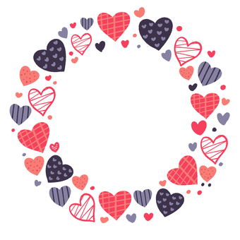 ハートのかわいい丸いフレーム　手描き ハート,かわいい,ピンク色,紺色,円,丸い,リング,枠,フレーム,愛のイラスト素材