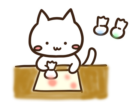 たんぽで図工の絵を塗るかわいい白ねこ たんぽ,図工,授業,絵,学校,工作,ねこ,かわいい,美術,書くのイラスト素材