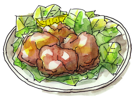 から揚げ 鶏唐揚げ,若鳥唐揚げ,から揚げ,からあげ,居酒屋,肴,手描き,水彩のイラスト素材