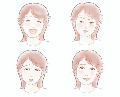 喜怒哀楽の女性　色鉛筆薄描き風 女性,表情,顔,正面,喜,怒,哀,楽,色鉛筆,薄色のイラスト素材