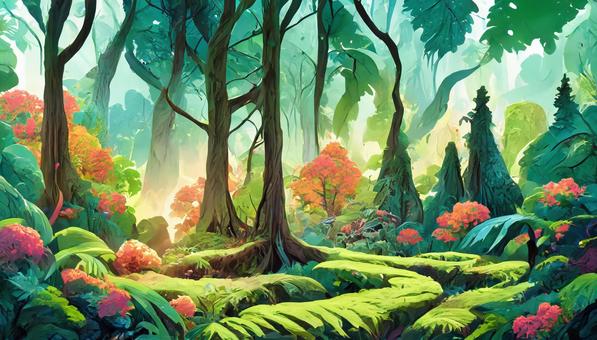 Background illustration of a forest rich in ecosystem, woods, weather, flower, JPG