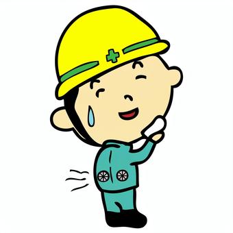 空調服を着た現場作業員　熱中症対策 空調服,熱中症対策,熱中症,現場作業員,作業員,作業着,汗,危険,工事,注意のイラスト素材