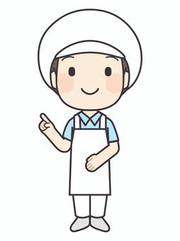 指差しする調理員２（マスクなし） 調理員,栄養士,調理師,職員,スタッフ,給食,立つ,立ち姿,エプロン,帽子のイラスト素材