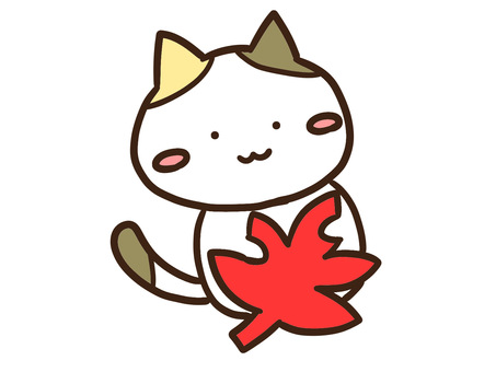 紅葉した赤いもみじを持つかわいい三毛猫 紅葉した赤いもみじを持つかわいい三毛猫 もみじ,紅葉,赤,秋,ねこ,かわいい,手書き,ゆるい,シンプル,デフォルメのイラスト素材