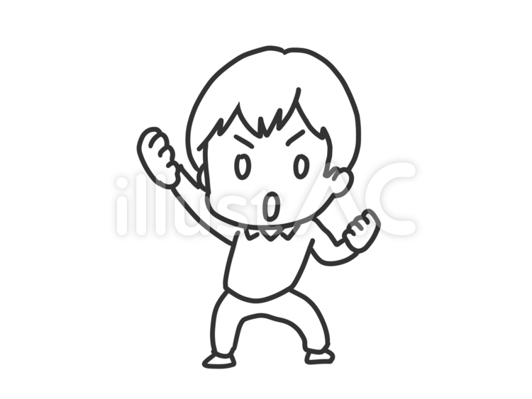 やる気になっている男の子_線画 男の子,ショートカット,拳のイラスト素材