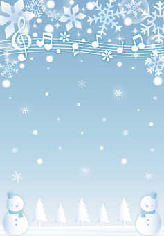 雪原の雪だるまと音楽のフレーム２（縦） 冬,雪の結晶,雪,雪だるま,キラキラ,クリスマス,フレーム,かわいい,壁紙,カードのイラスト素材