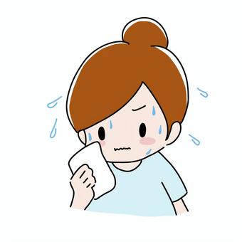 汗をかく女性 汗,汗かき,滝汗,女性,タオル,手ぬぐい,暑い,顔,運動後,制汗剤のイラスト素材
