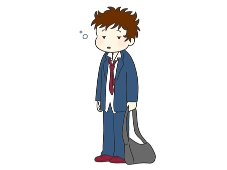 寝起きでボーっとした状態の学生 学生,寝起き,寝ぼけている,眠い,寝癖,ボサボサ,ヨレヨレ,男の子,制服,カバンのイラスト素材