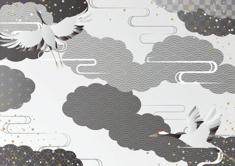 モノトーンの和風の鶴と雲の背景素材 和風,和柄,鶴,曲線,雲,背景のイラスト素材
