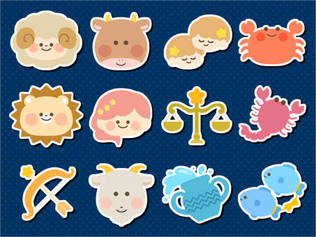 12星座（紺バック） 黄道十二宮,星座,12星座,占い,星,西洋占星術,ホロスコープ,サイン,牡羊座,牡牛座のイラスト素材